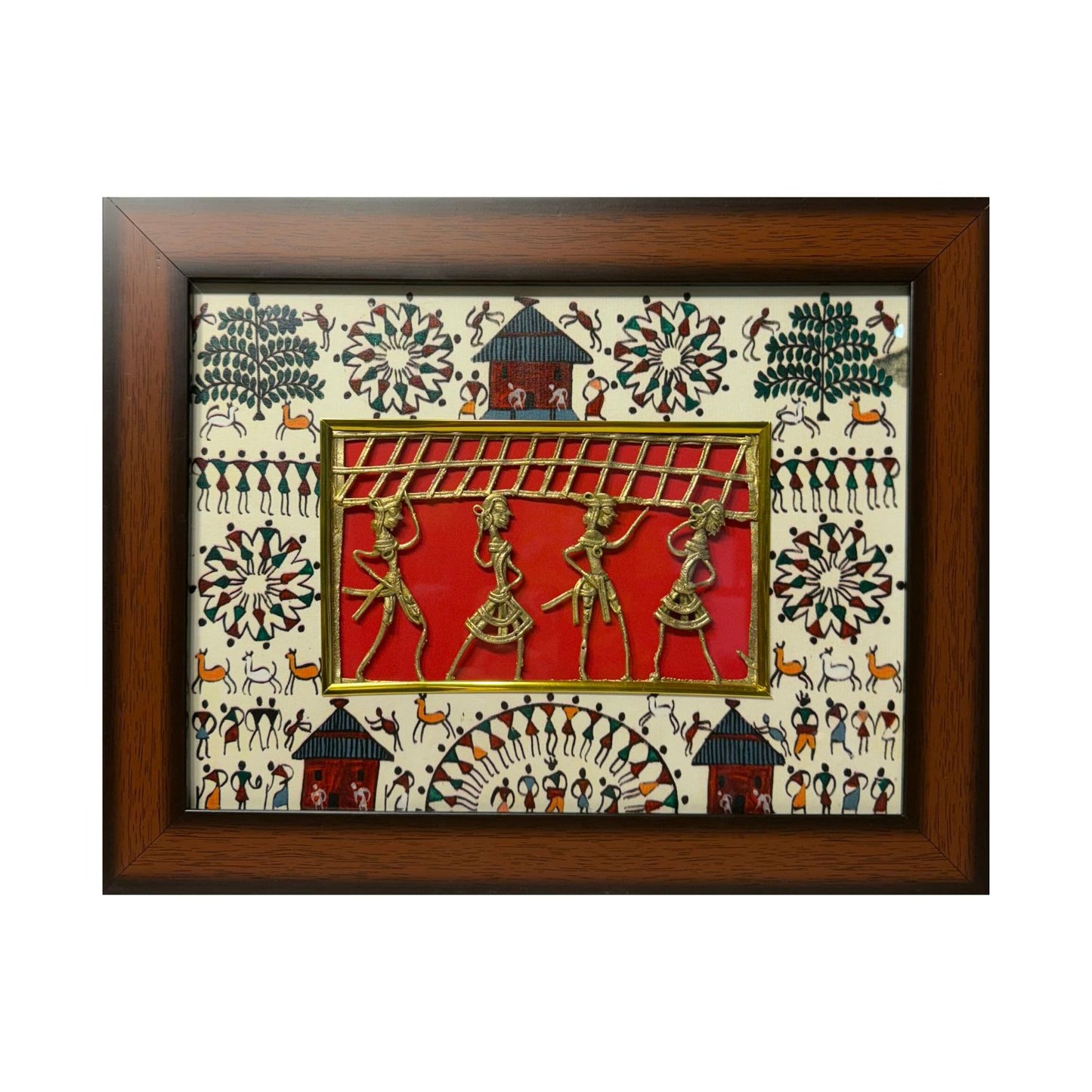 Handcrafted Dhokra Wall Art with Warli Painting – 14x11 Inch Wooden Frame | Traditional Indian Home Décor