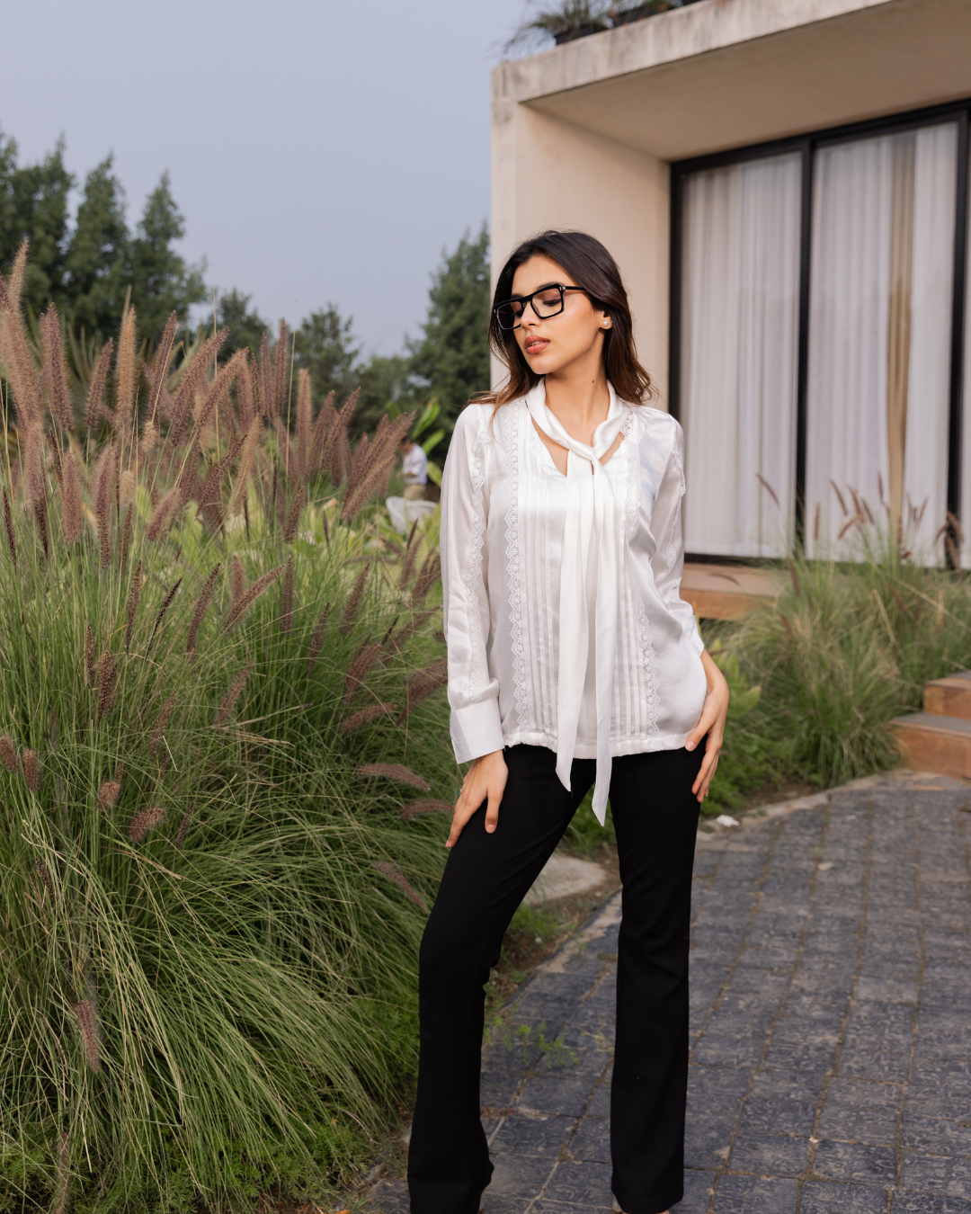 Panchakanya Satin Top with Pritex Lace Detailing – Luxurious Women's Top with Tie Neck