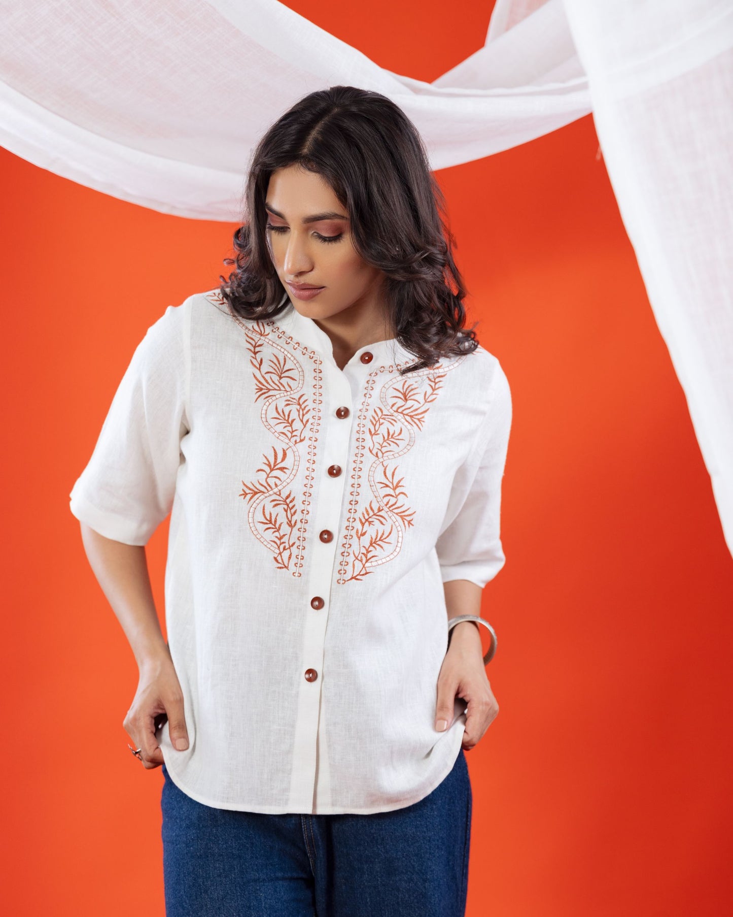 Linen Embroidered Shirt Style Top for Women – Half Sleeves Button Down | Panchakanya Sustainable Fashion