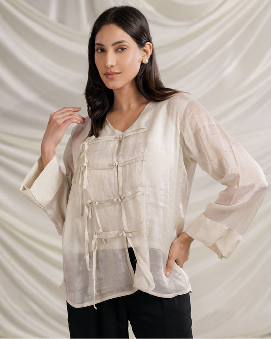 Panchakanya Women Tissue Crush Layered Top with Inner – Ivory Elegance