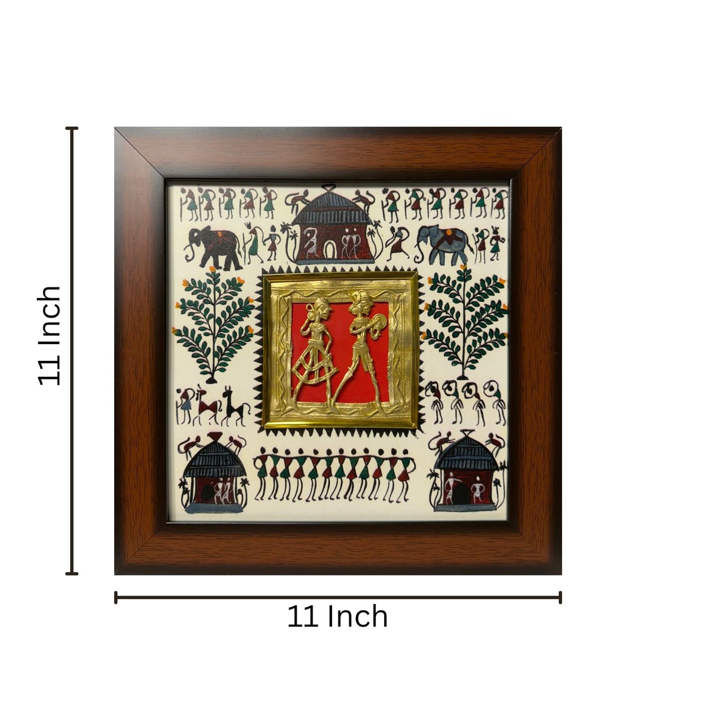 Handcrafted 11 Inch Warli Art Wall Frame | Traditional Indian Dhokra Brass Figurine on Wooden Tribal Art Background | Ethnic Home Decor