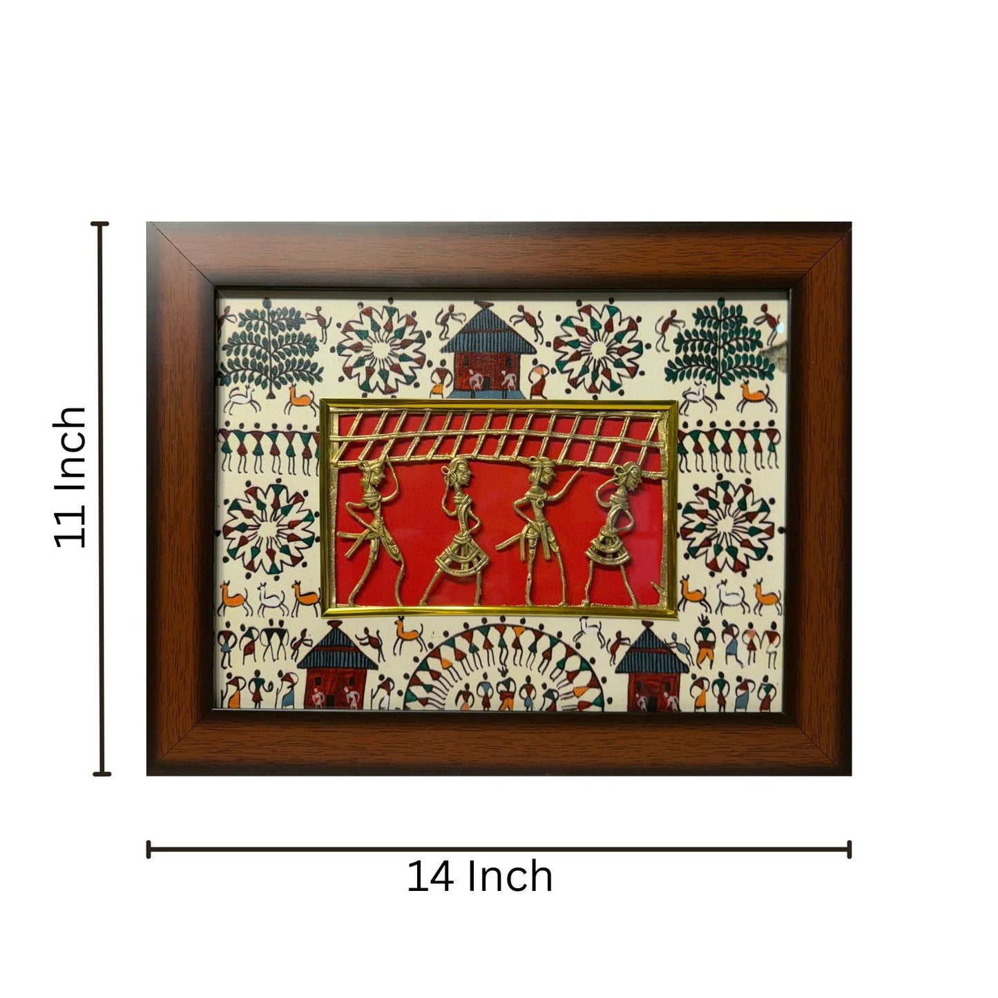 Handcrafted Dhokra Wall Art with Warli Painting – 14x11 Inch Wooden Frame | Traditional Indian Home Décor