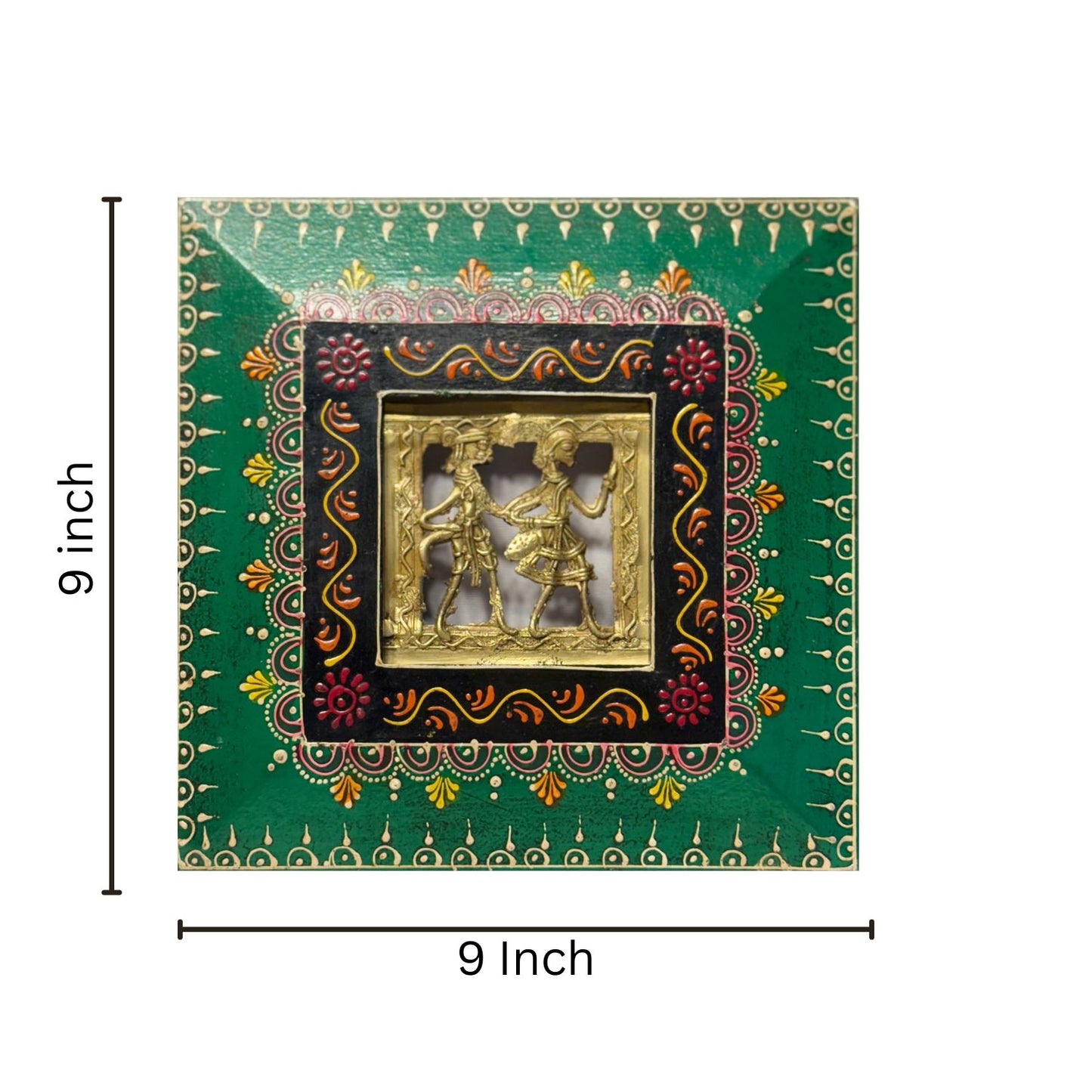 Handcrafted 9 Inch Warli Art Wall Hanging – Traditional Indian Wooden Frame with Dhokra Brass Tribal Figurine for Home Decor