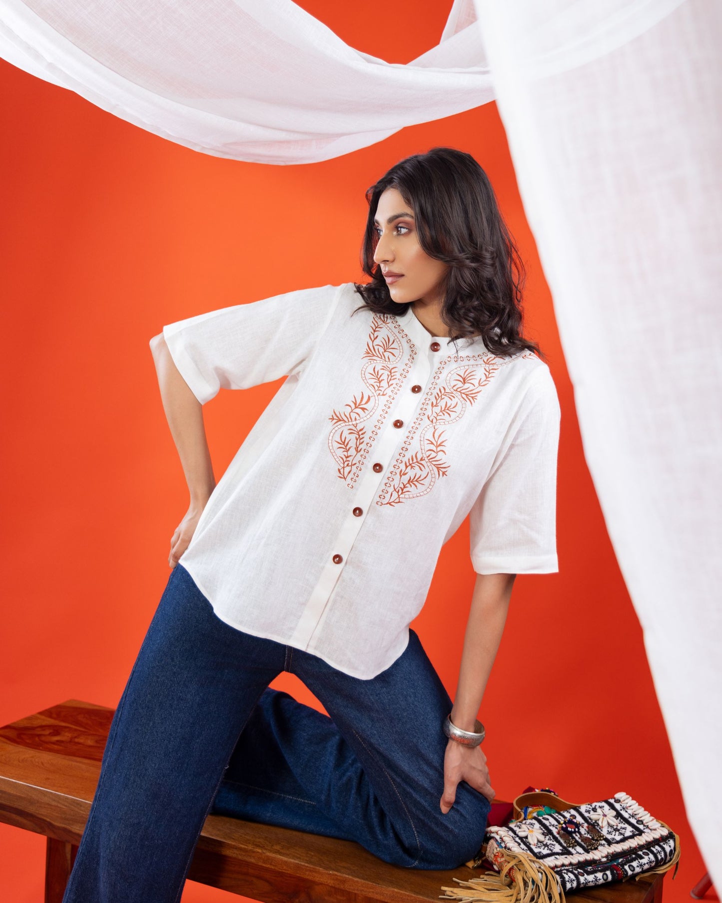 Linen Embroidered Shirt Style Top for Women – Half Sleeves Button Down | Panchakanya Sustainable Fashion