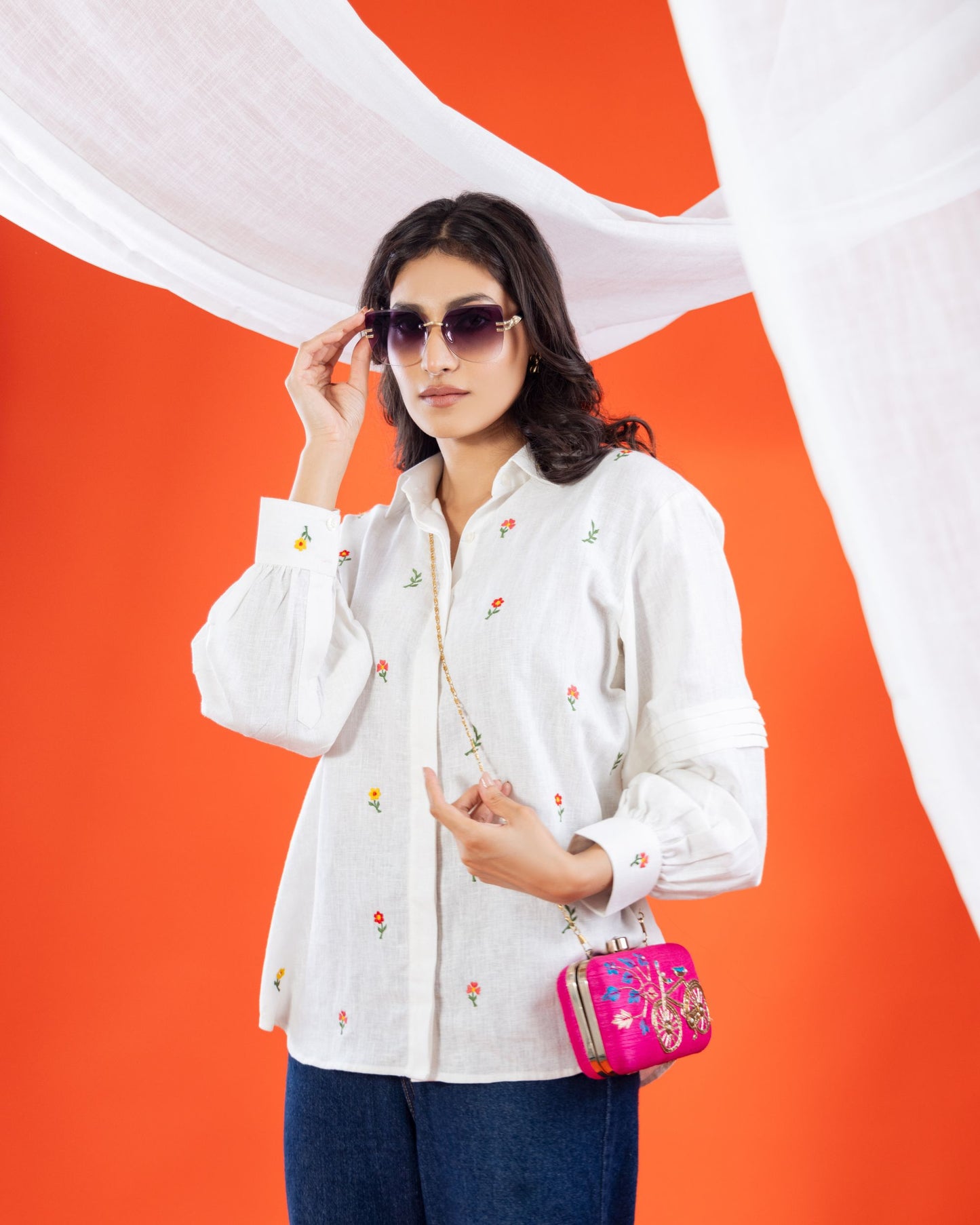 Linen Embroidered Shirt Style Top for Women – Full Sleeve White Button Down | Panchakanya Sustainable Fashion