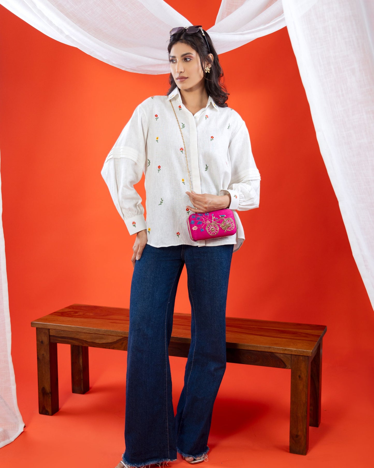 Linen Embroidered Shirt Style Top for Women – Full Sleeve White Button Down | Panchakanya Sustainable Fashion
