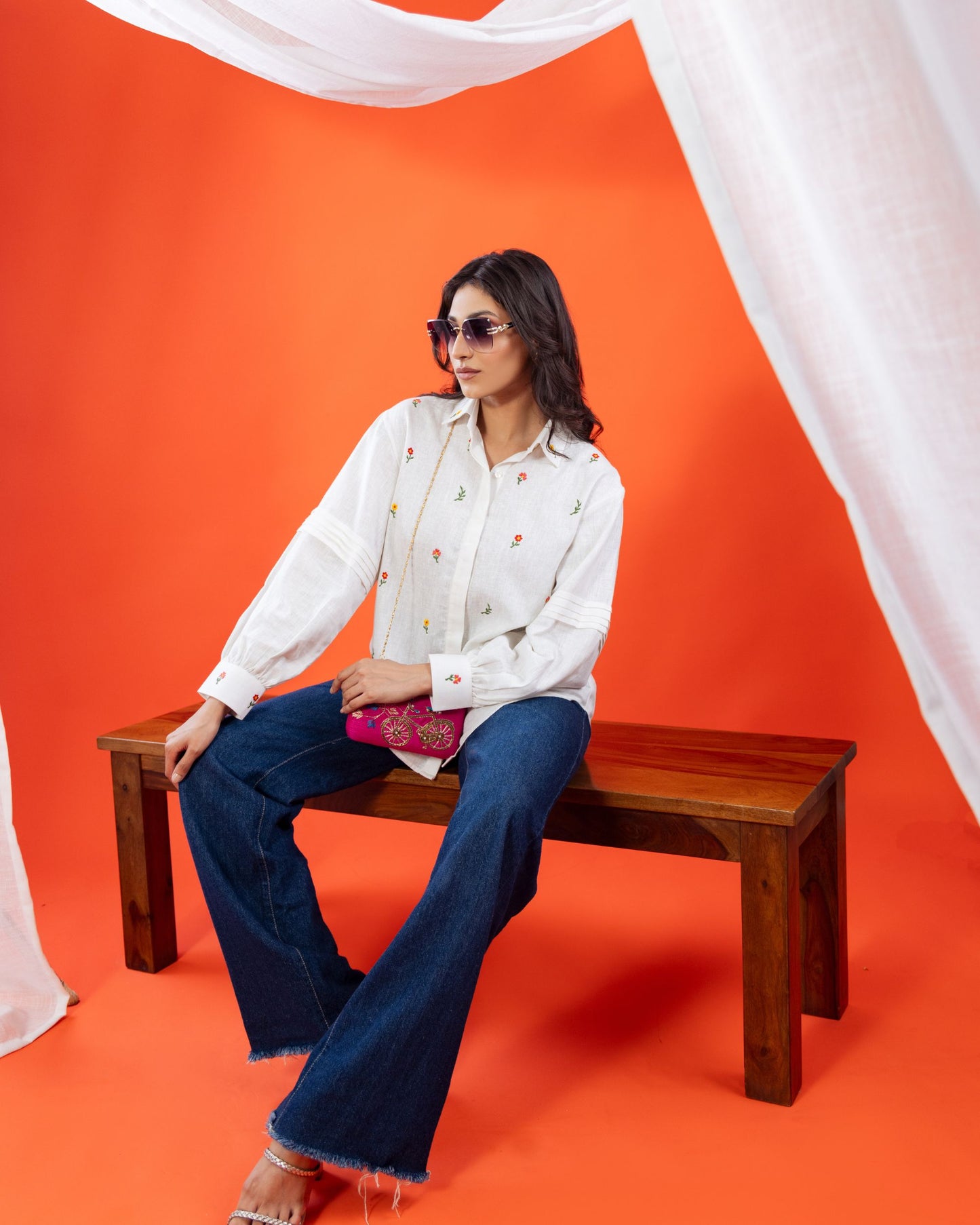 Linen Embroidered Shirt Style Top for Women – Full Sleeve White Button Down | Panchakanya Sustainable Fashion