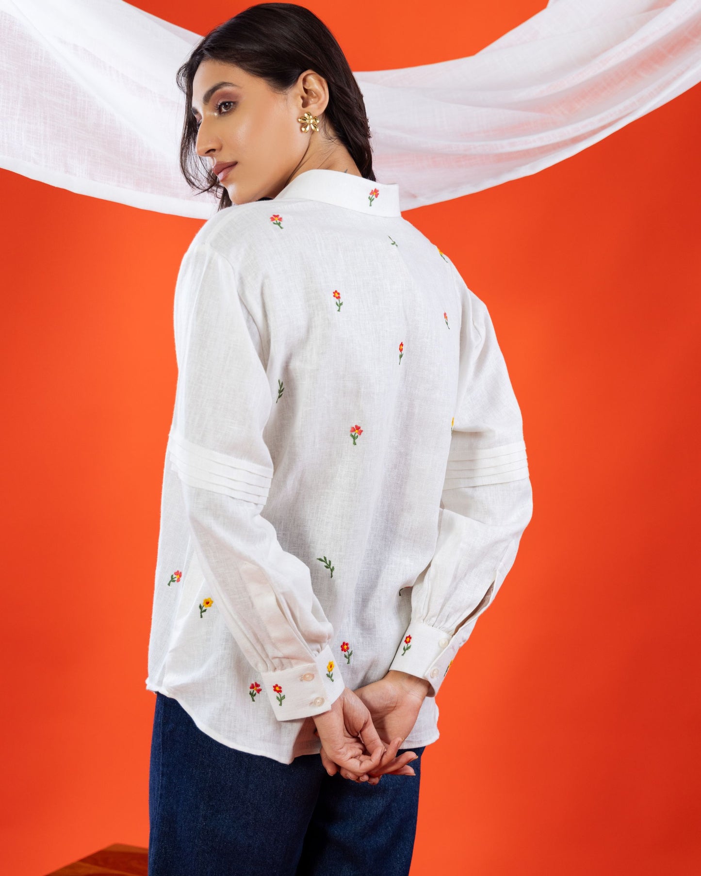 Linen Embroidered Shirt Style Top for Women – Full Sleeve White Button Down | Panchakanya Sustainable Fashion