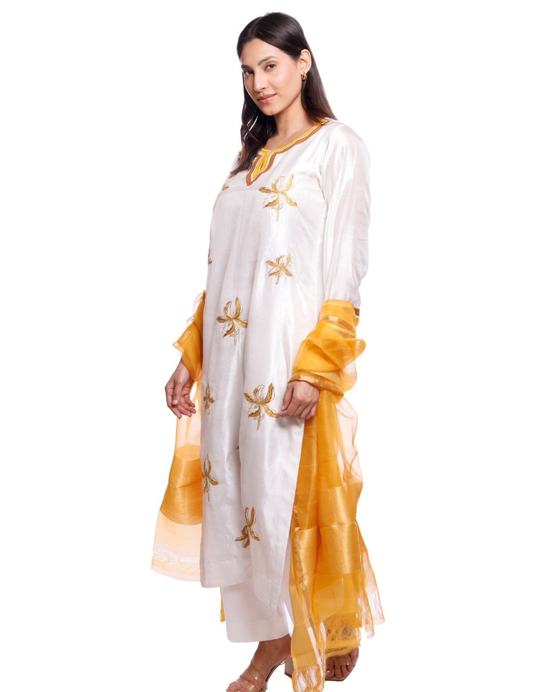 Women's White Mulberry Silk Kurta Pant Set with Yellow Appliqué Work | Festive & Ethnic Wear