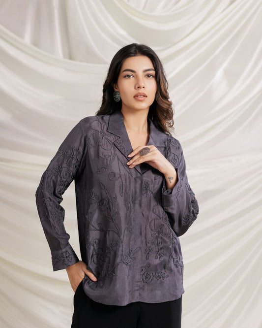 Elegant Charcoal Grey Embroidered Shirt – Stylish Semi-Formal Top By Panchakanya
