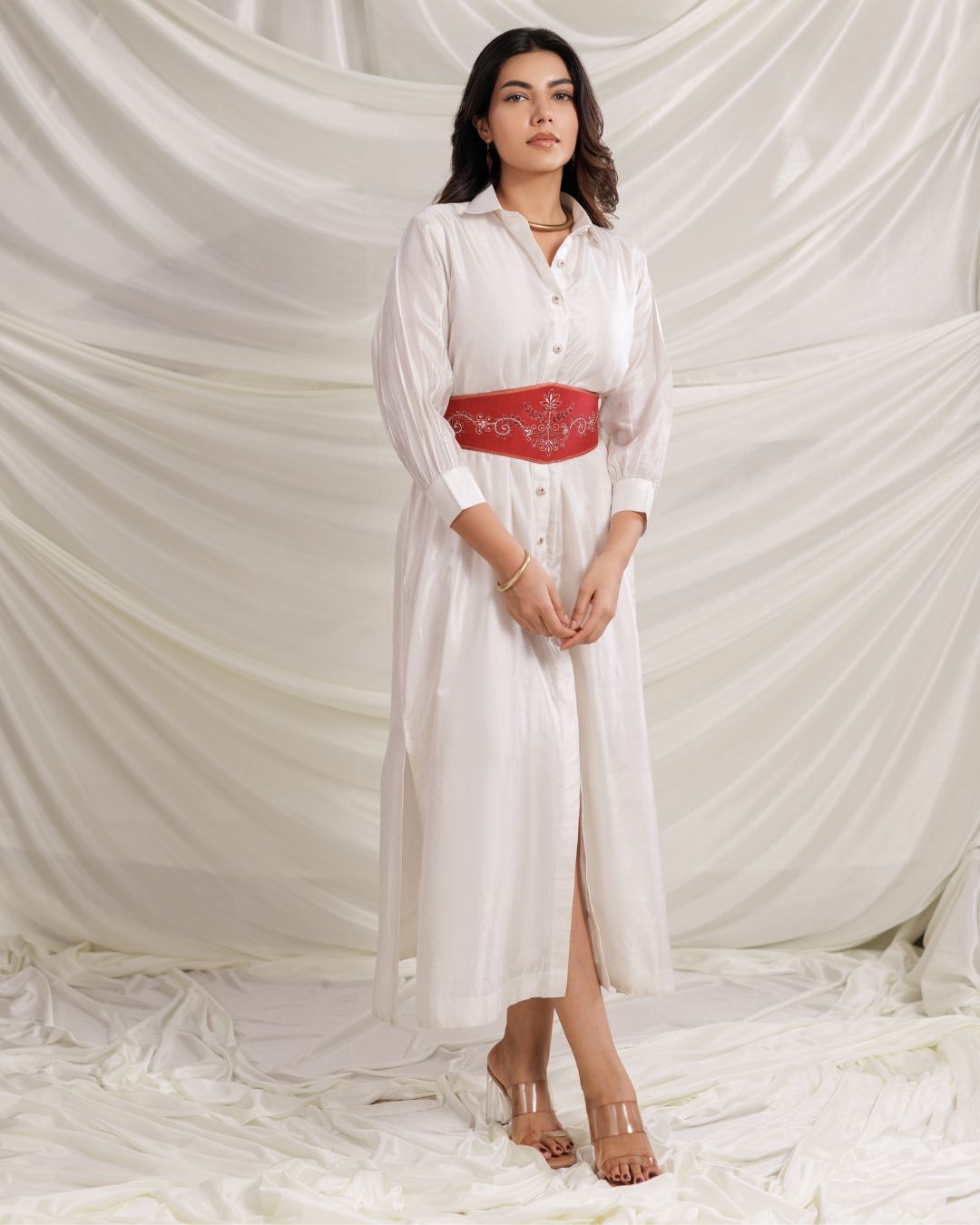 red dress white belt White Hollow Short Sleeve Cotton Women Dress with Red Belt - Ladies Dress and Dress price
