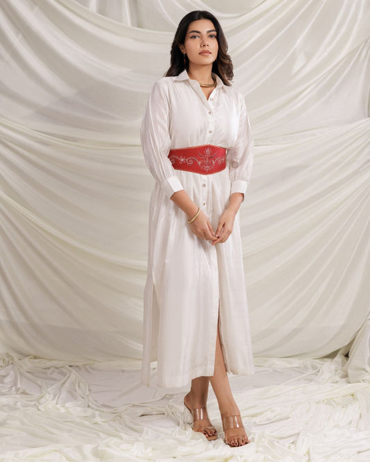 White Mulberry Silk Dress with Red Embroidered Waist Belt | Silk Button-Down Dress For Woman's By Panchakanya