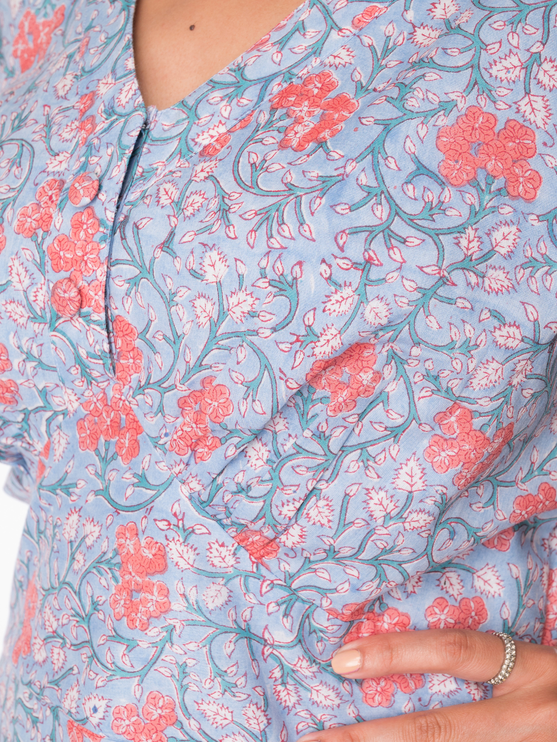 Cotton Floral Print Dress With Gathered Sleeves For Women - Panchakanya Clothing