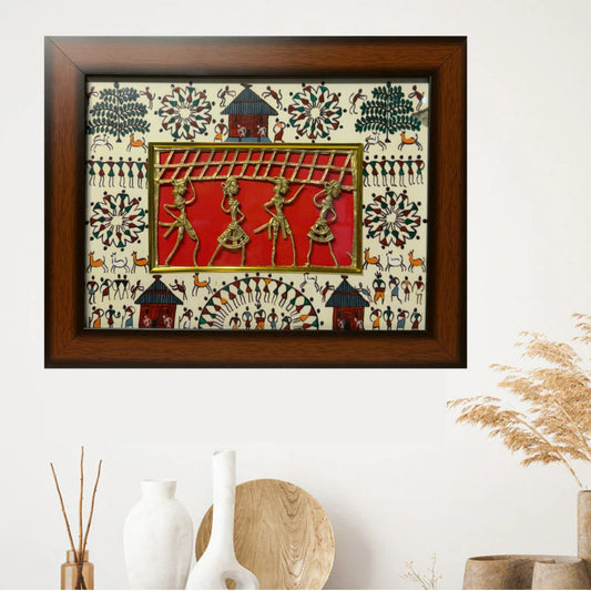 Handcrafted Dhokra Wall Art with Warli Painting – 14x11 Inch Wooden Frame | Traditional Indian Home Décor