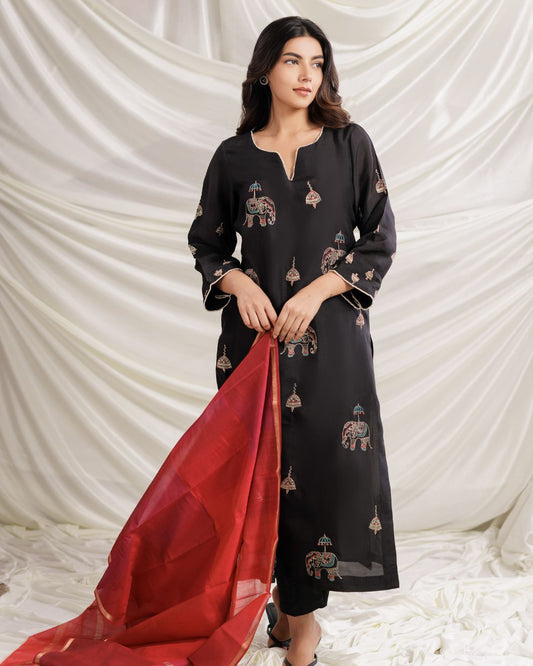 Women's Black Mulberry Silk Kurta Pant Set | Traditional Embroidery | Ethnic Festive Wear