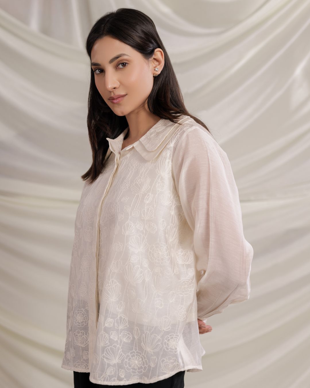 Elegant Maheshwari Embroidered Shirt – Double Collar Women’s Top By Panchakanya