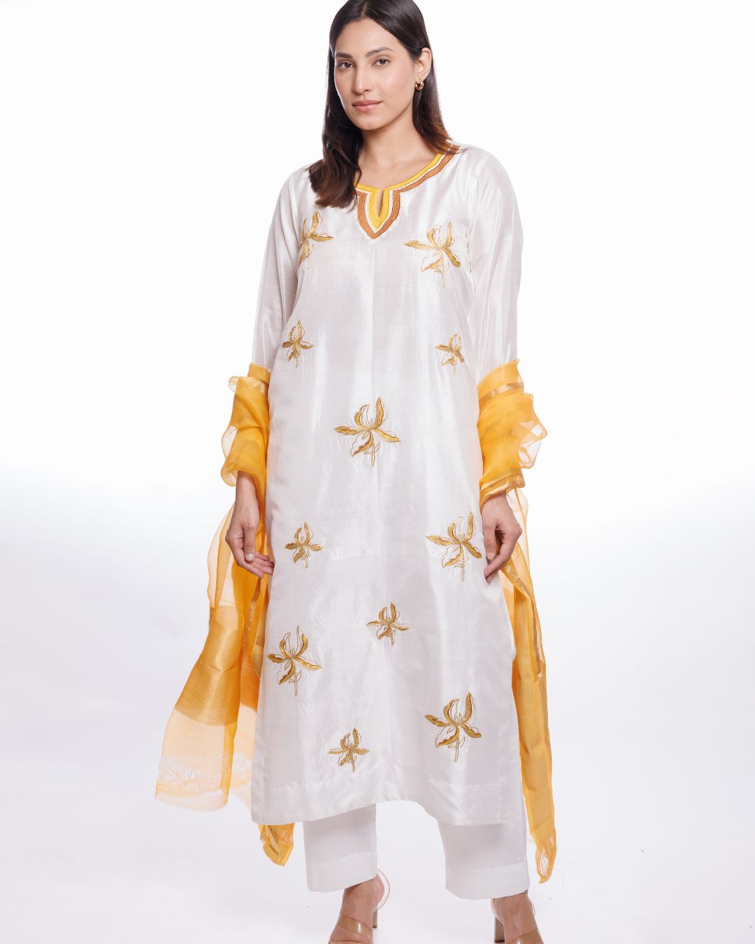 Women's White Mulberry Silk Kurta Pant Set with Yellow Appliqué Work | Festive & Ethnic Wear