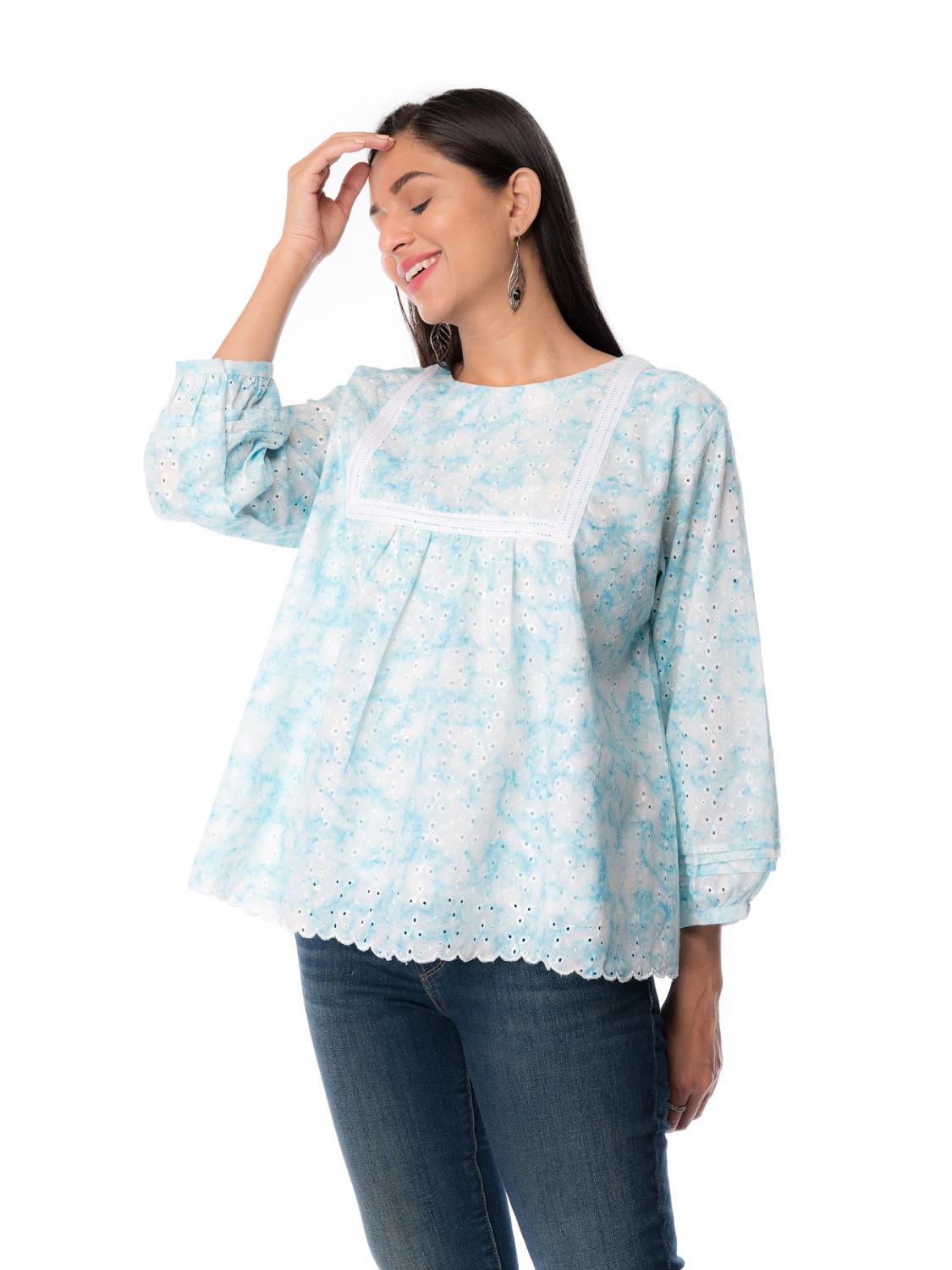 Ice Blue Hakoba Neck Cotton Top for Women by Panchakanya Clothing