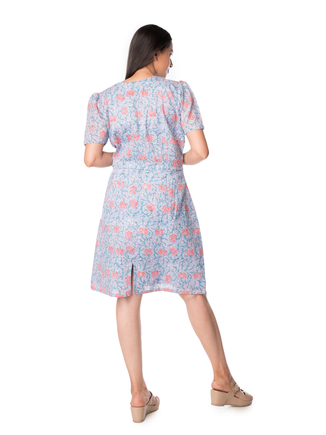 Cotton Floral Print Dress With Gathered Sleeves For Women - Panchakanya Clothing