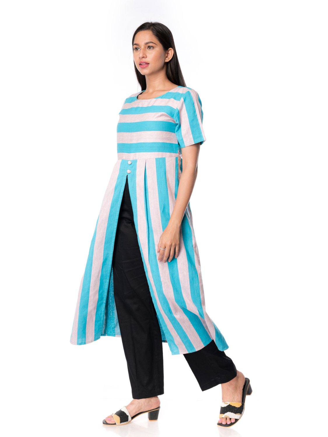 Elegent Turquoise Stripped Organic Cotton Silk Kurta - Panchakanya Clothing