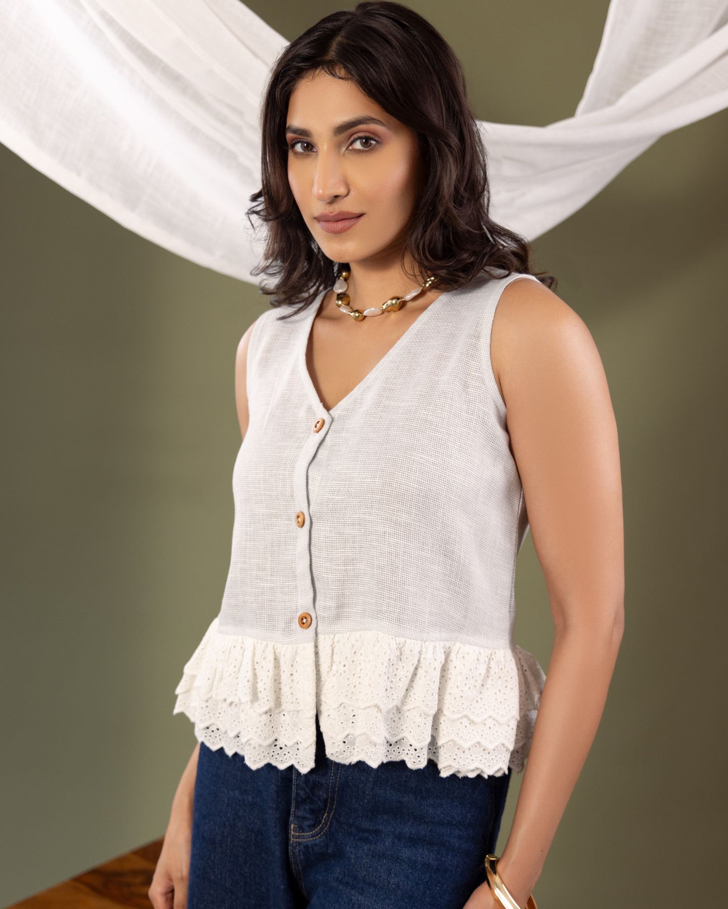 Women’s Jute Fabric Sleeveless Top with Lace Hem – Sustainable Summer Blouse by Panchakanya