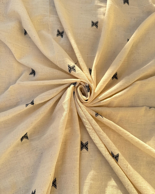 Gujarat Organic Cotton Fabric with Black Embroidery - Handwoven, Eco-Friendly & Sustainable | Panchakanya Clothing (1 Meter)