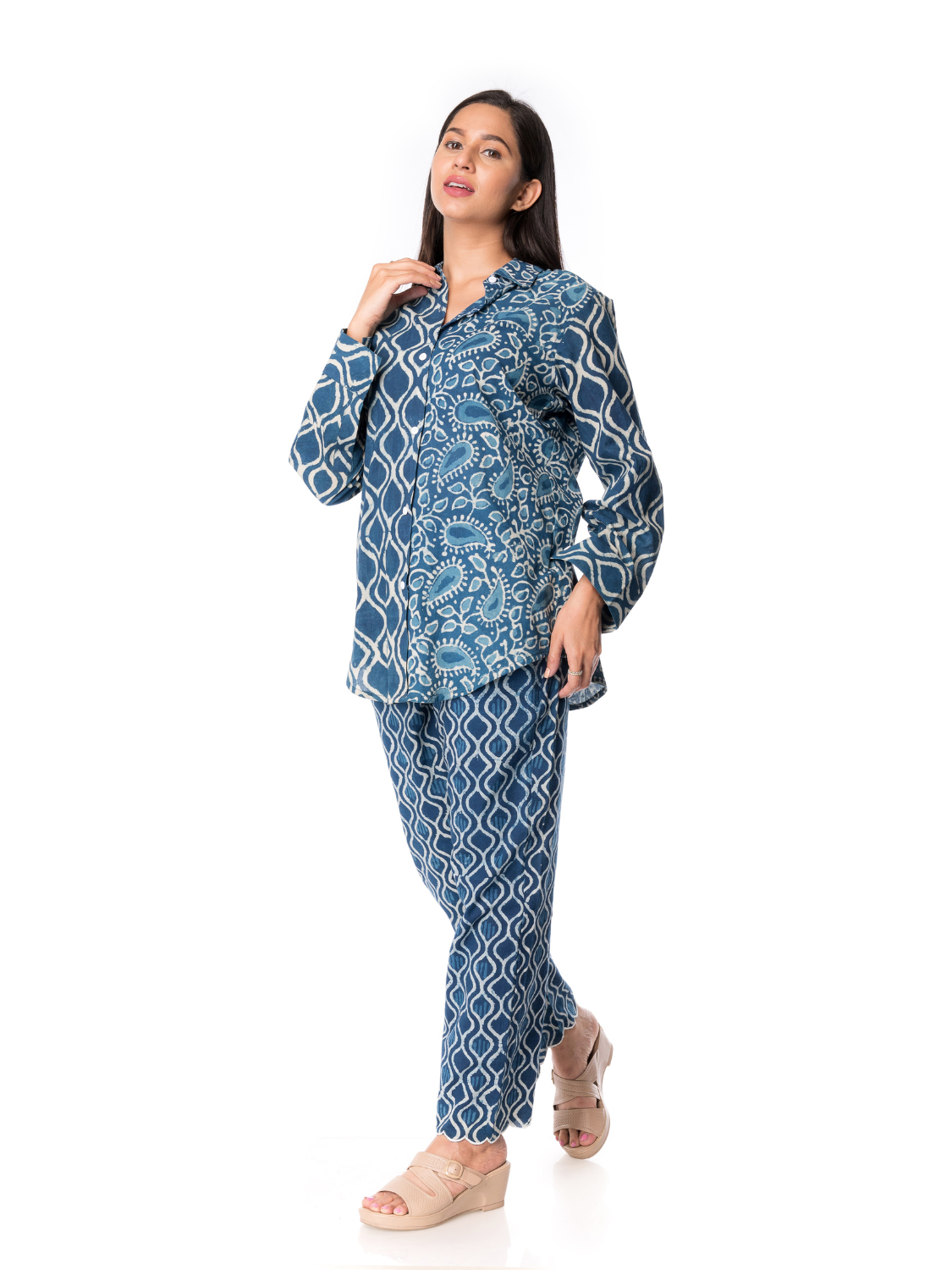 Cotton Hand Block Printed Indigo Co-Ord Set for Women β Panchakanya Clothing