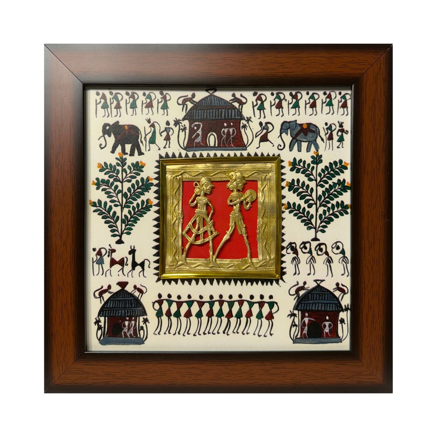 Handcrafted 11 Inch Warli Art Wall Frame | Traditional Indian Dhokra Brass Figurine on Wooden Tribal Art Background | Ethnic Home Decor