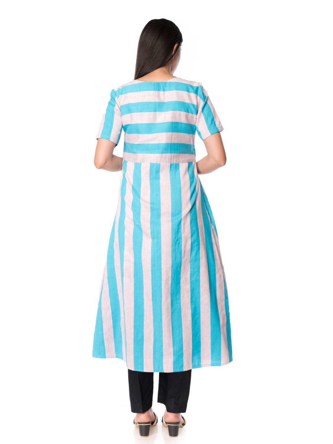 Elegent Turquoise Stripped Organic Cotton Silk Kurta - Panchakanya Clothing