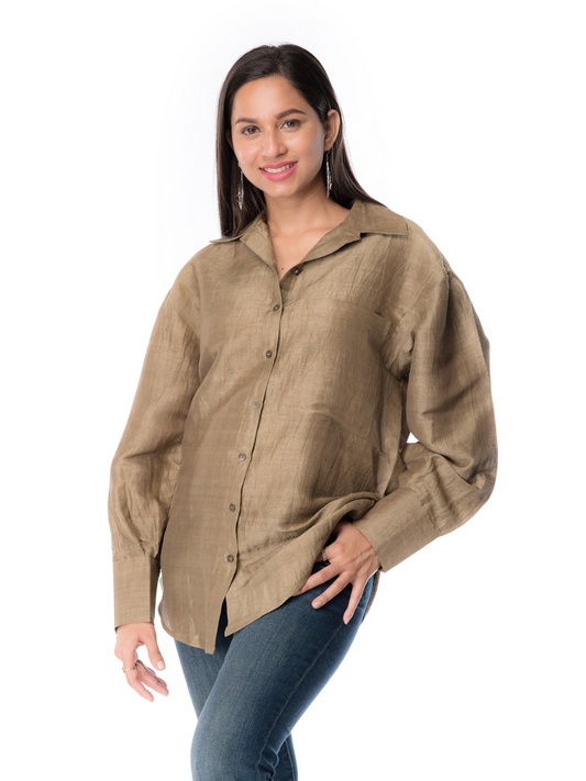 Golden Green Silk Fabric Shirt Full Sleeve For Women's Girls & Ladies
