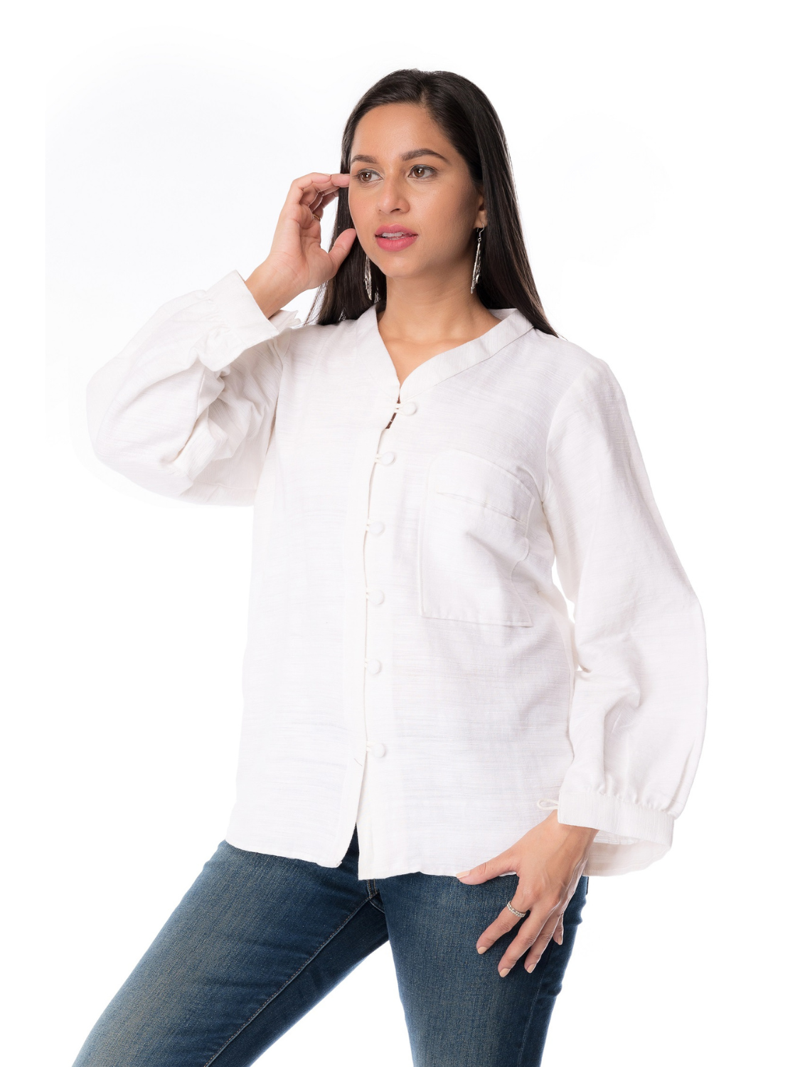 Cotton V Neck Stand Collar White Shirt For Women's Girls & Ladies - Panchakanya Clothing