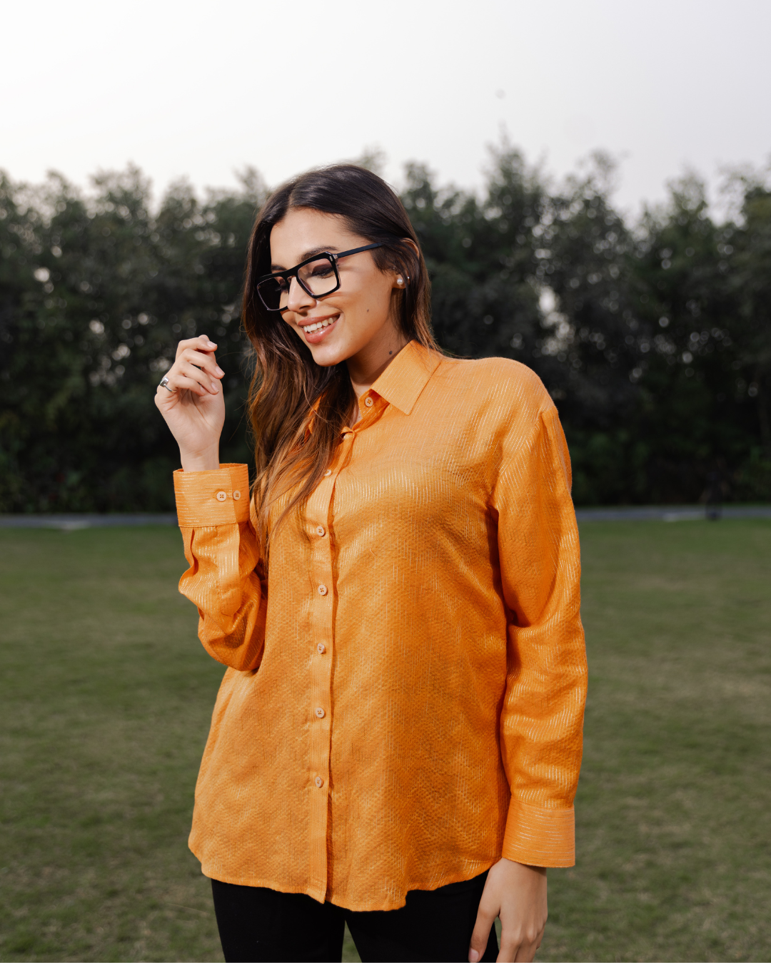 Elegant Mango Yellow Bhagalpur Silk Shirt - Zig Zag Pattern Shirt for Women