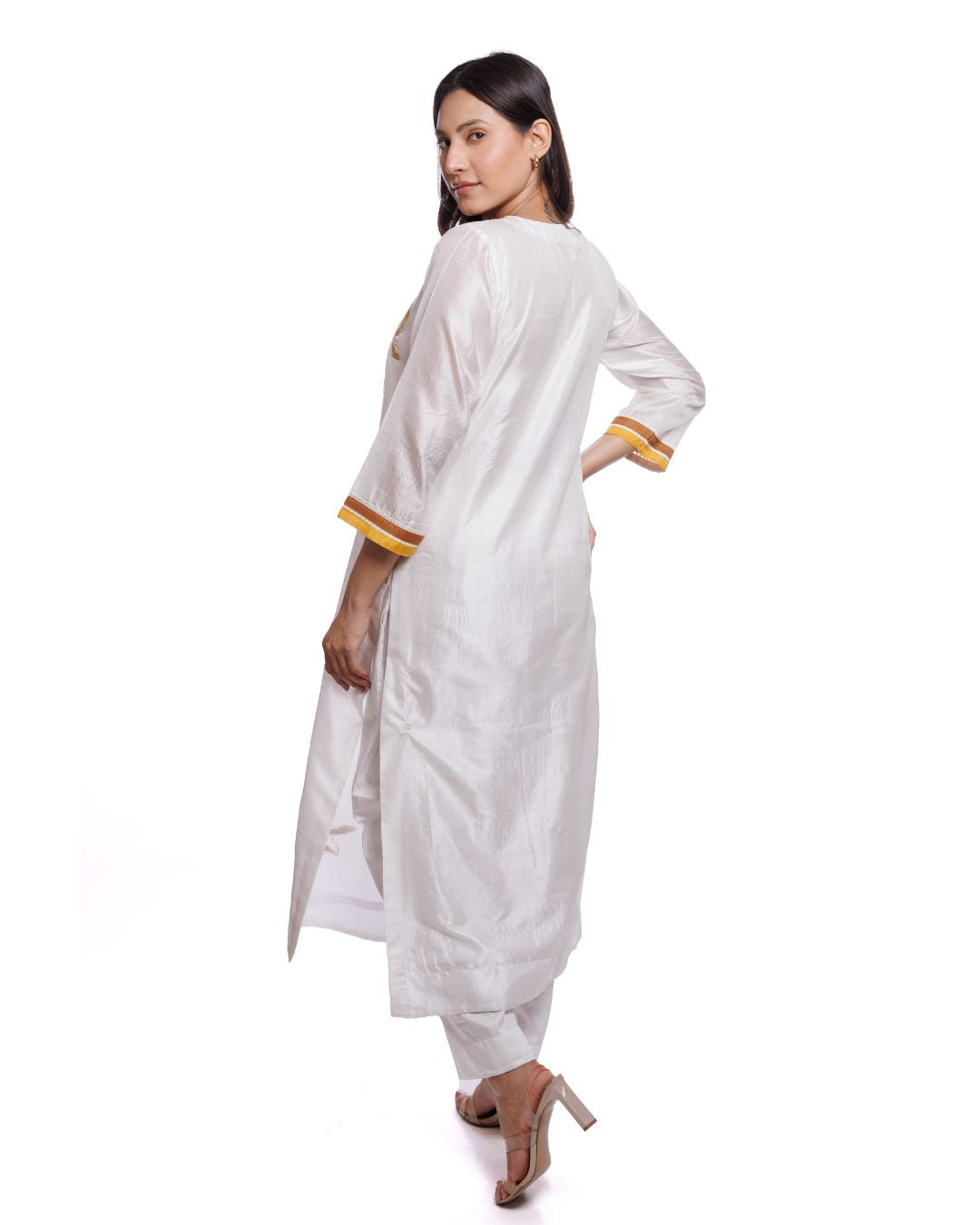 Women's White Mulberry Silk Kurta Pant Set with Yellow Appliqué Work | Festive & Ethnic Wear