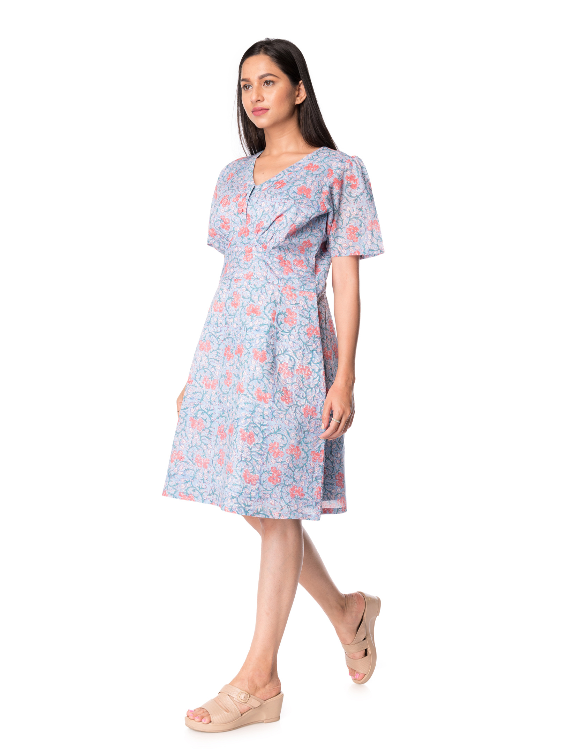 Cotton Floral Print Dress With Gathered Sleeves For Women - Panchakanya Clothing