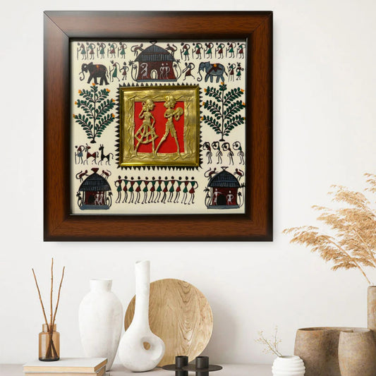 Handcrafted 11 Inch Warli Art Wall Frame | Traditional Indian Dhokra Brass Figurine on Wooden Tribal Art Background | Ethnic Home Decor
