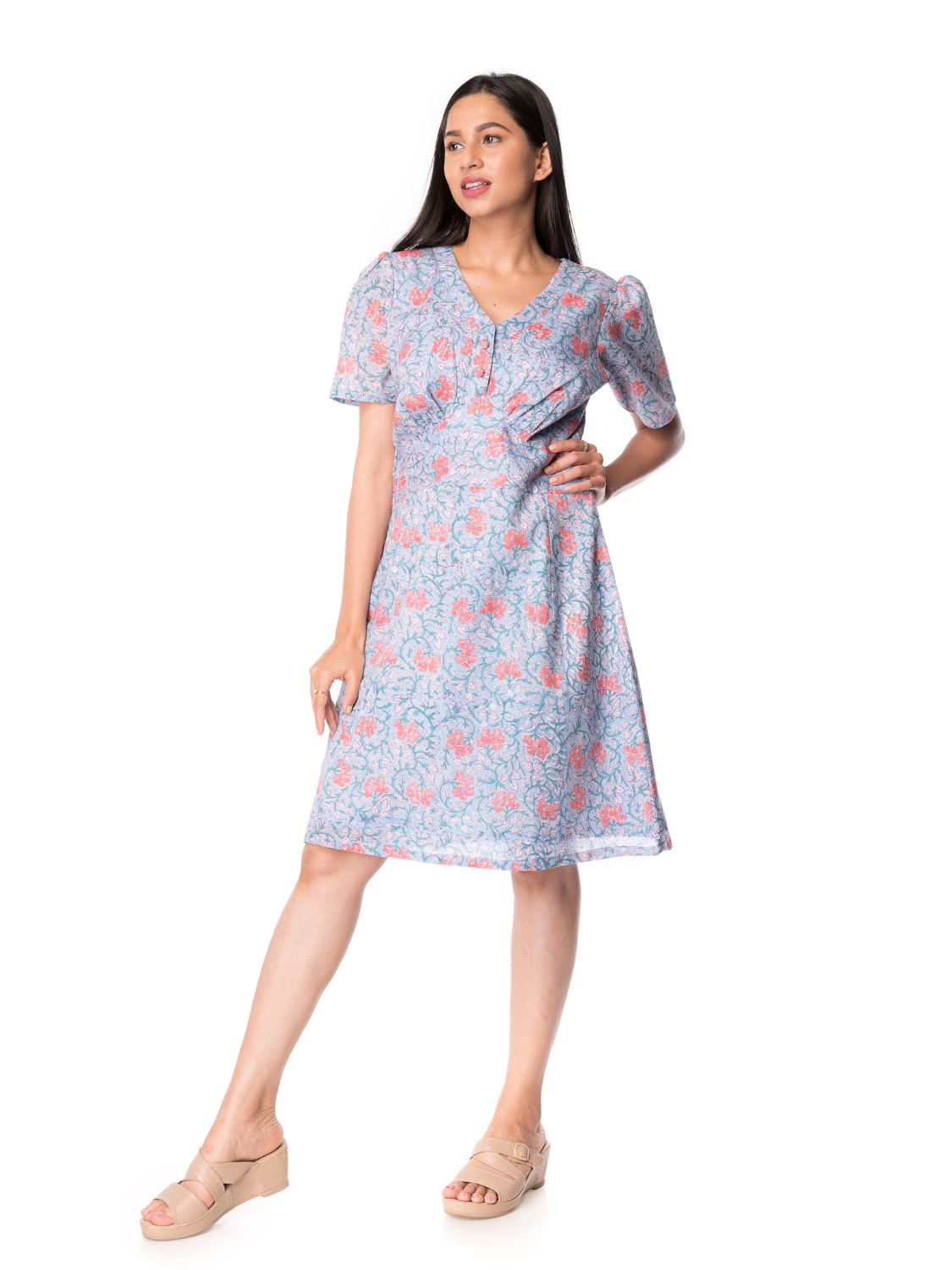 Cotton Floral Print Dress With Gathered Sleeves For Women - Panchakanya Clothing