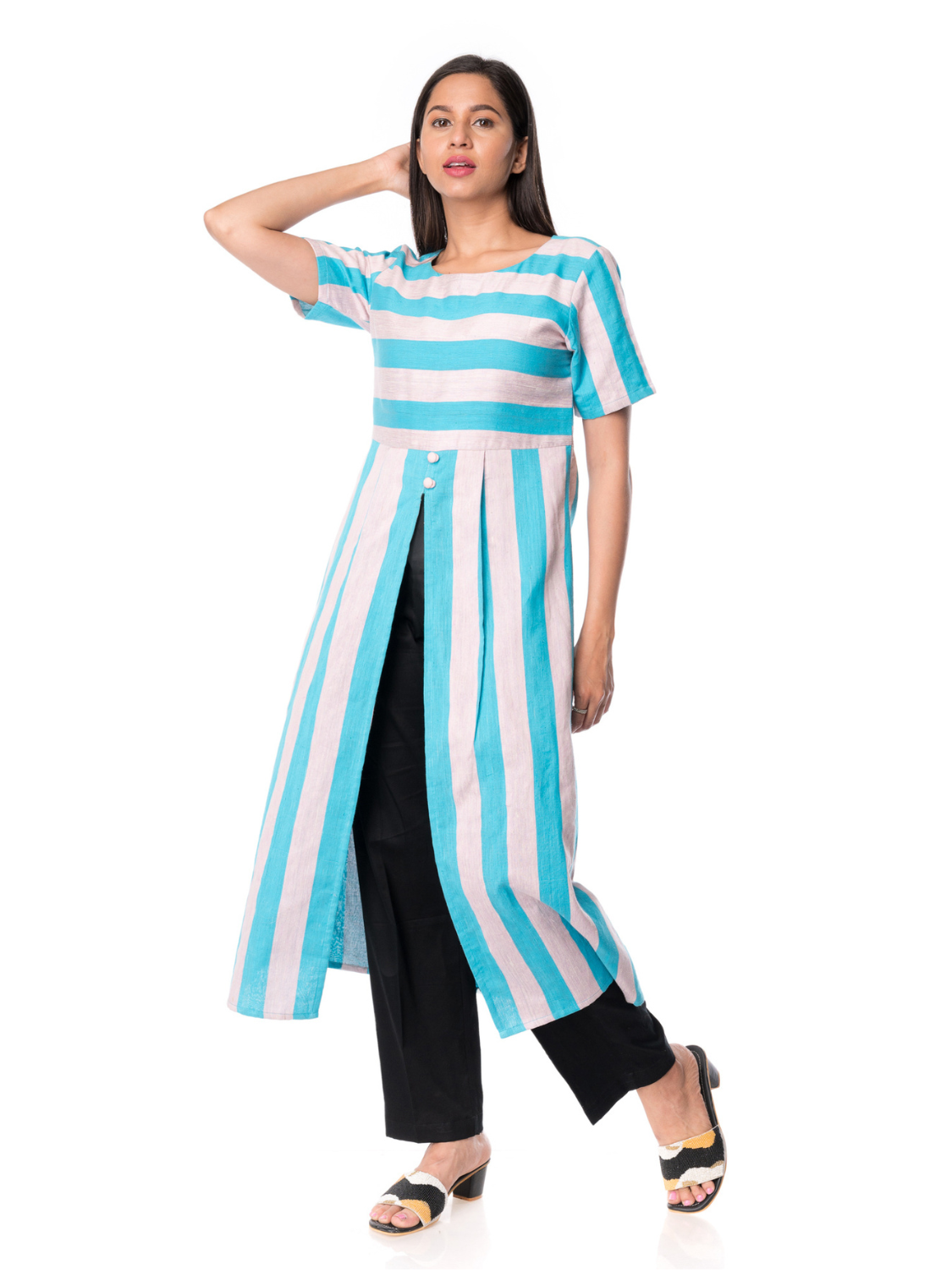 Elegent Turquoise Stripped Organic Cotton Silk Kurta - Panchakanya Clothing