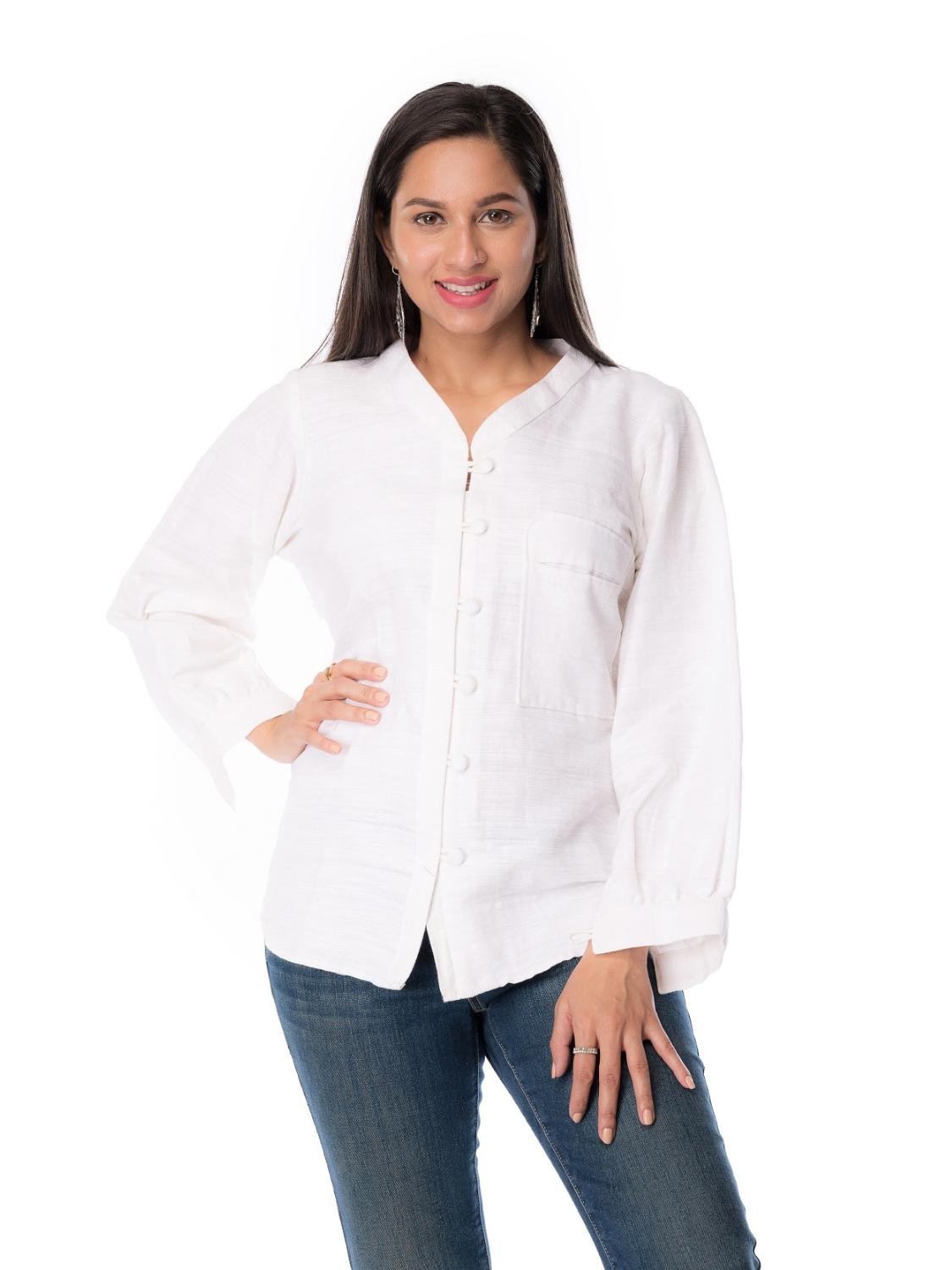 Cotton V Neck Stand Collar White Shirt For Women's Girls & Ladies - Panchakanya Clothing