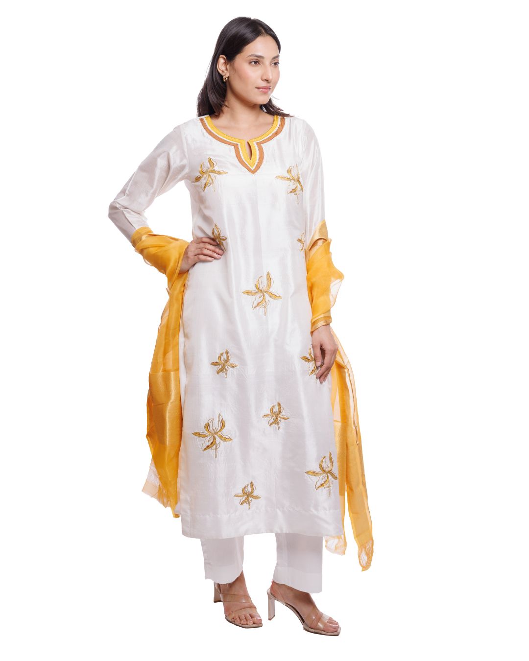 Women's White Mulberry Silk Kurta Pant Set with Yellow Appliqué Work | Festive & Ethnic Wear