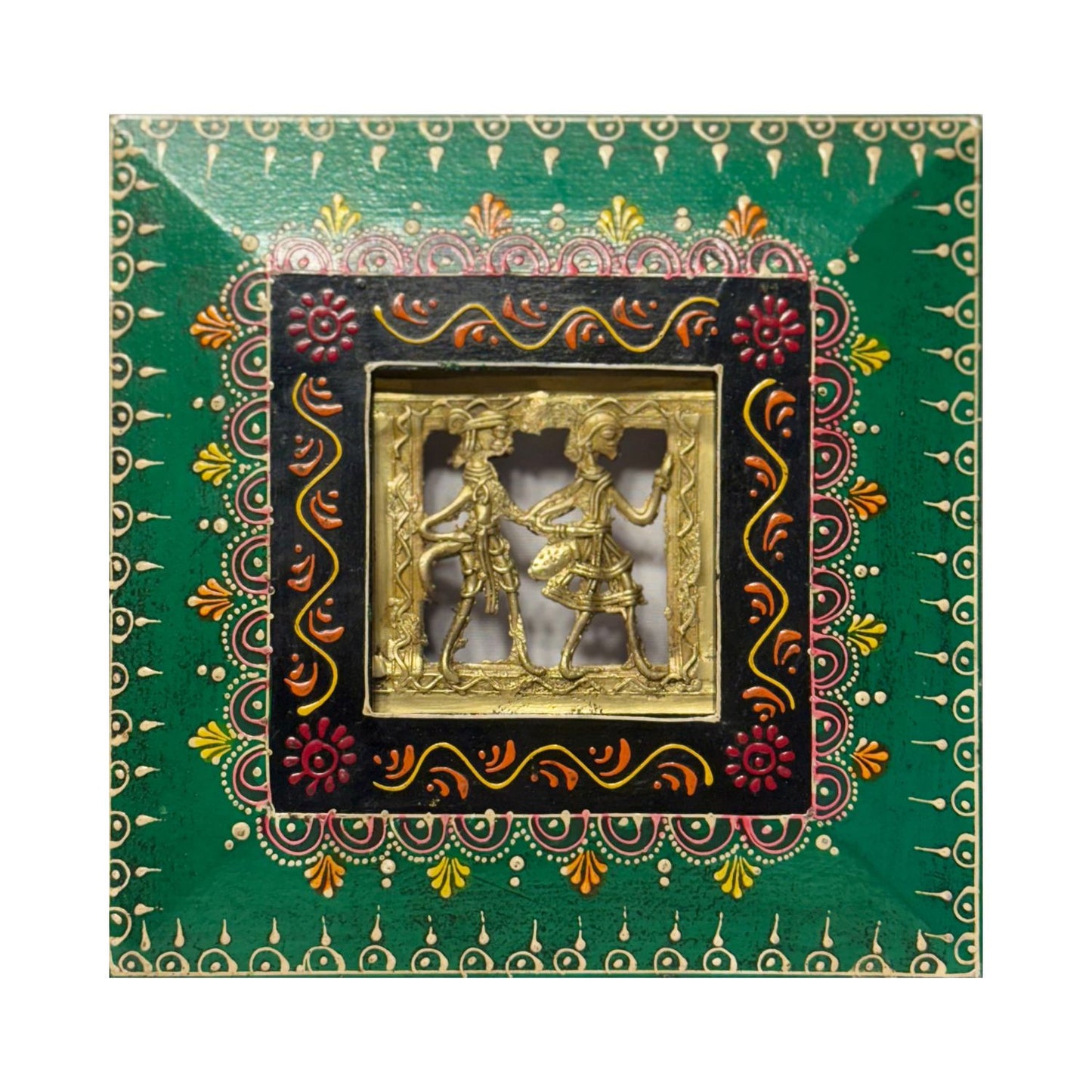 Handcrafted 9 Inch Warli Art Wall Hanging – Traditional Indian Wooden Frame with Dhokra Brass Tribal Figurine for Home Decor