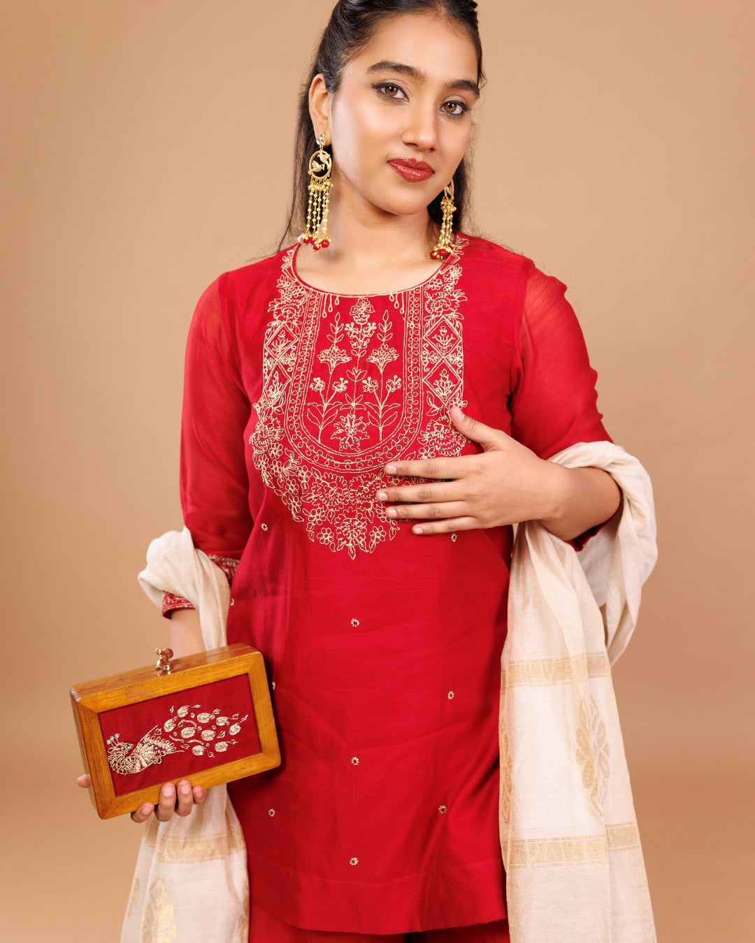 Red Maheshwari Embroidered Short Kurta with Sharara – Festive Wear by Panchakanya Clothing