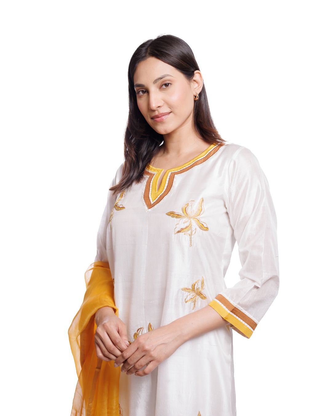 Women's White Mulberry Silk Kurta Pant Set with Yellow Appliqué Work | Festive & Ethnic Wear