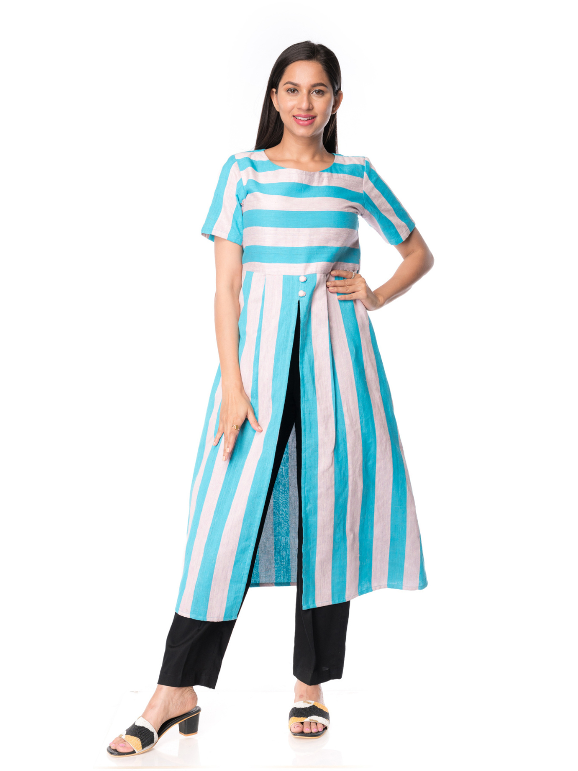 Elegent Turquoise Stripped Organic Cotton Silk Kurta - Panchakanya Clothing