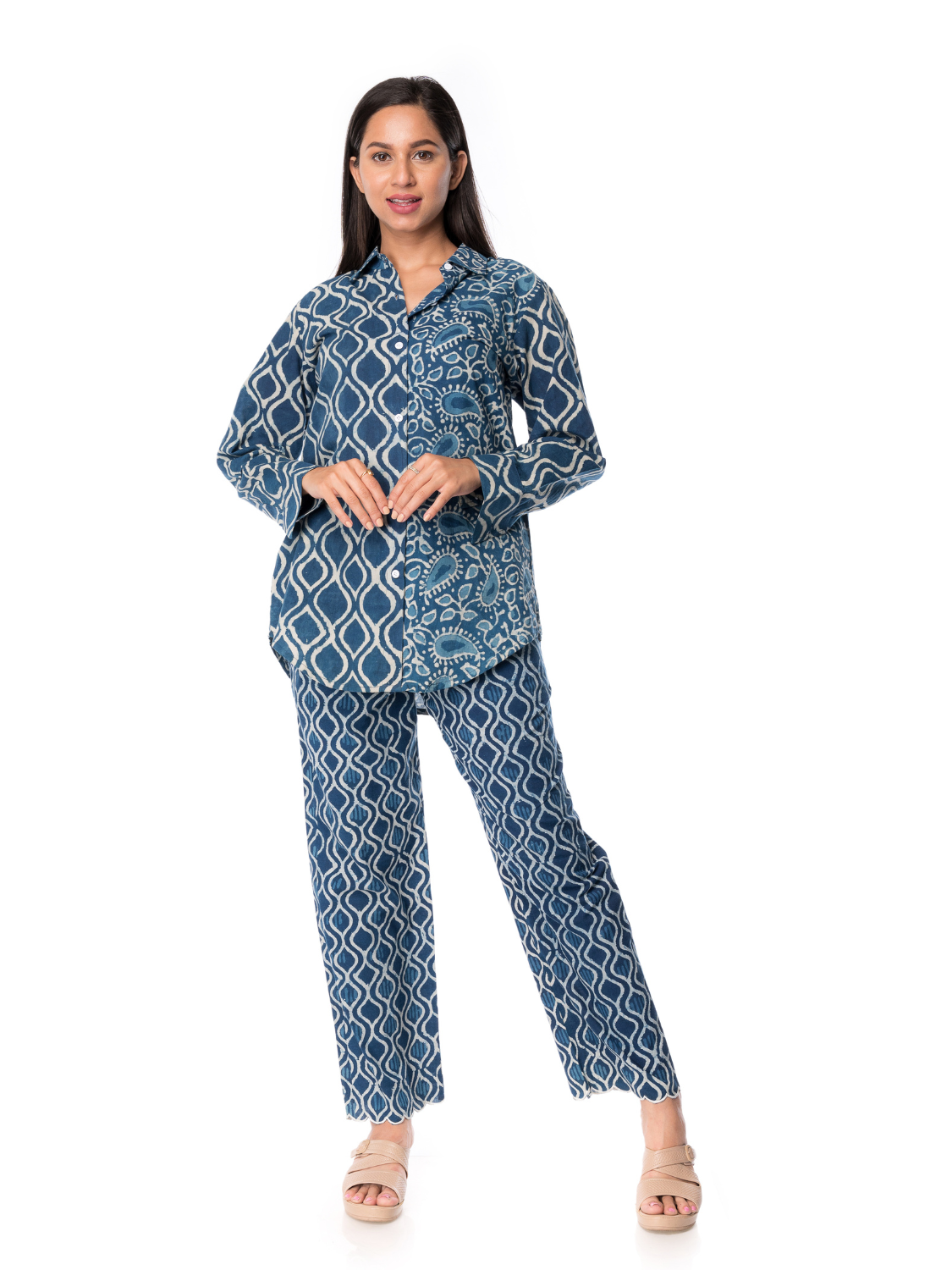 Cotton Hand Block Printed Indigo Co-Ord Set for Women β Panchakanya Clothing