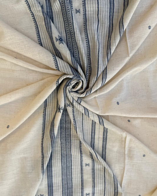 Organic Cotton Handloom Fabric with Intricate Stripes & X-Booti Design - Sustainable, Eco-Friendly Material | Panchakanya Clothing (1 Meter)