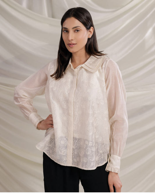 Elegant Maheshwari Embroidered Shirt – Double Collar Women’s Top By Panchakanya