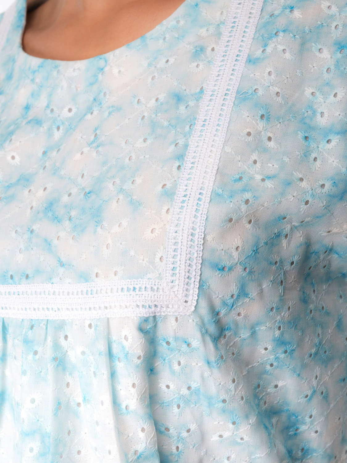 Ice Blue Hakoba Neck Cotton Top for Women by Panchakanya Clothing