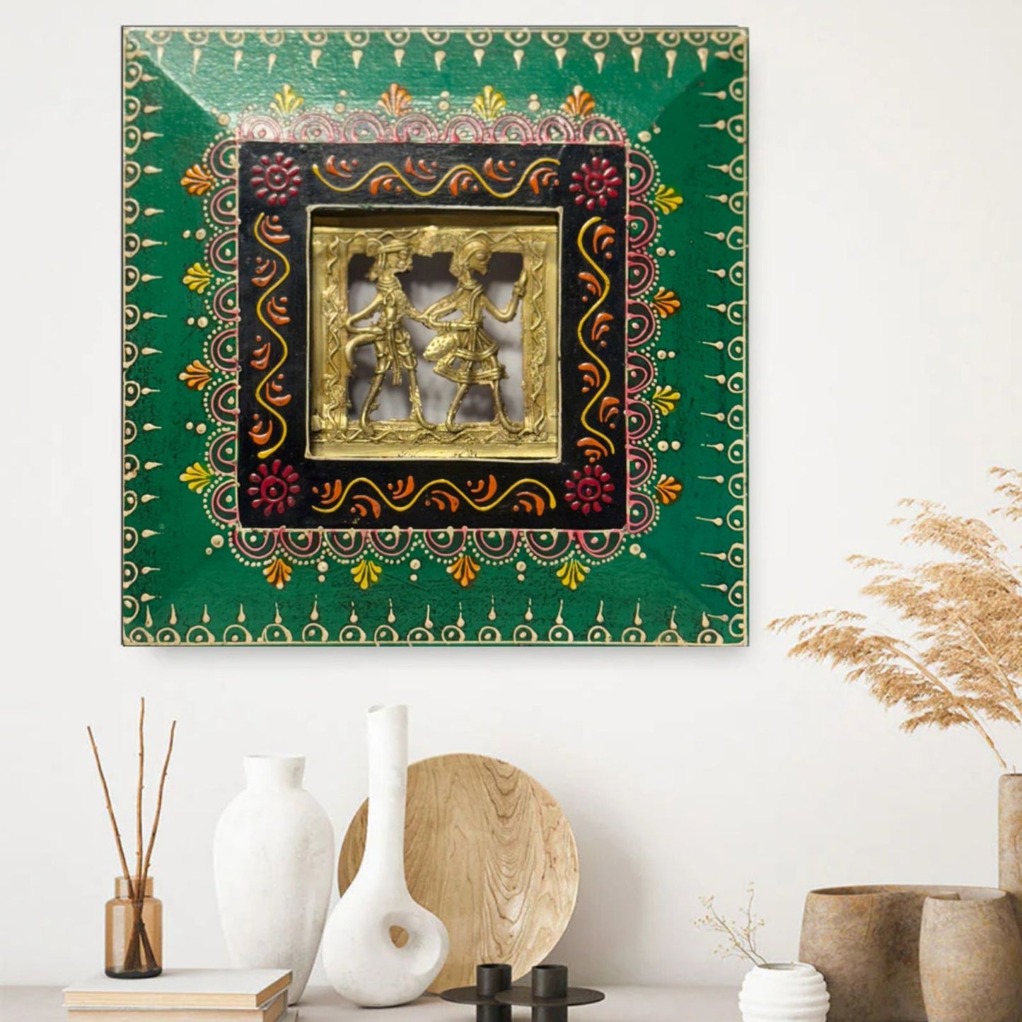 Handcrafted 9 Inch Warli Art Wall Hanging – Traditional Indian Wooden Frame with Dhokra Brass Tribal Figurine for Home Decor