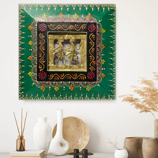 Handcrafted 9 Inch Warli Art Wall Hanging – Traditional Indian Wooden Frame with Dhokra Brass Tribal Figurine for Home Decor