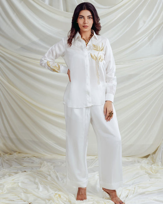 Luxury White Opada Silk Co-ord Set for Women – Embroidered Shirt & Pant | Elegant Party Wear Set By Panchakanya